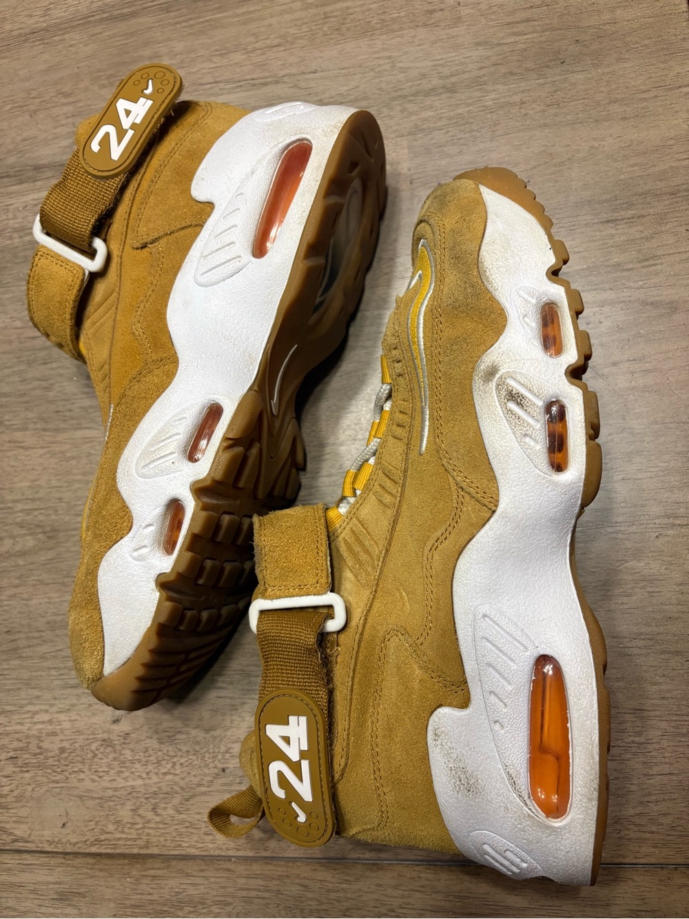 Nike Kids High-Top Sneakers in Mustard Brown and White with Orange Air